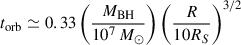 Mathematical equation: $ t_{\mathrm{orb}}\simeq0.33\left(\frac{M_{\mathrm{BH}}}{10^7\,M_{\odot}}\right)\left(\frac{R}{10R_S}\right)^{3/2} $
