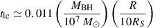 Mathematical equation: $ t_{\mathrm{lc}}\simeq0.011\left(\frac{M_{\mathrm{BH}}}{10^7\,M_{\odot}}\right)\left(\frac{R}{10R_S}\right) $
