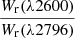 Mathematical equation: $ \frac{W_{\mathrm{r}}(\lambda 2600)}{W_{\mathrm{r}}(\lambda 2796)} $