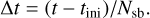 Mathematical equation: $\[\Delta t=\left(t-t_{\mathrm{ini}}\right) / N_{\mathrm{sb}}.\]$