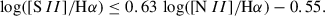 Mathematical equation: $$ \begin{aligned} \log ([\mathrm S\,II ]/\mathrm{H} \alpha ) \le 0.63\,\log ([\mathrm N\,II ]/\mathrm{H} \alpha )-0.55. \end{aligned} $$