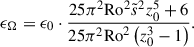 Mathematical equation: $$ \begin{aligned} \epsilon _{\Omega }={\epsilon _0} \cdot \frac{25 \pi ^2 \mathrm{Ro} ^2 \tilde{s}^2 z_0^5+6 }{25 \pi ^2 \mathrm{Ro} ^2\left(z_0^3-1\right)}. \end{aligned} $$
