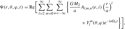 Mathematical equation: $$ \begin{aligned} \begin{aligned} \Psi (r, \theta , \varphi , t) = \mathrm{Re} \Bigg [\sum _{l=2}^{\infty } \sum _{m=0}^l \sum _{n=-\infty }^{\infty }\Bigg \{\frac{G M_2}{a}&A_{l, m, n} (e, i)\left(\frac{r}{a}\right)^l\\&\times Y_l^m(\theta , \varphi ) \mathrm{e}^{-\mathrm{i} n \Omega _o t}\Bigg \}\Bigg ], \end{aligned} \end{aligned} $$