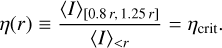 Mathematical equation: \eta(r) \equiv \frac{\langle I \rangle_{[0.8\,r,\,1.25\,r]}} {\langle I \rangle_{< r}} = \eta_{\rm crit}.