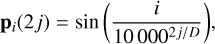 Mathematical equation: ${{\bf{p}}_i}(2j) = \sin \left( {{i \over {{{10000}^{2j/D}}}}} \right),$