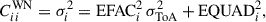 Mathematical equation: $$ \begin{aligned} C_{ii}^\mathrm{WN}=\sigma _i^2 = \mathrm{EFAC}_i^2 \, \sigma _{\mathrm{ToA}}^2 + \mathrm{EQUAD}_i^2, \end{aligned} $$