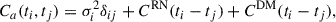 Mathematical equation: $$ \begin{aligned} C_a(t_i, t_j) = \sigma _i^2 \delta _{ij} + C^\mathrm{RN}(t_i-t_j) + C^\mathrm{DM}(t_i-t_j), \end{aligned} $$