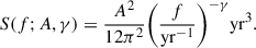 Mathematical equation: $$ \begin{aligned} S(f; A, \gamma ) = \frac{A^2}{12\pi ^2}\biggl (\frac{f}{\mathrm{yr}^{-1}}\biggr )^{-\gamma }\mathrm{yr}^3. \end{aligned} $$