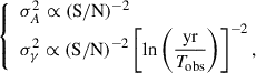 Mathematical equation: $$ \begin{aligned} {\left\{ \begin{array}{ll} \sigma _{A}^2 \propto (\mathrm{S/N})^{-2}\\ \displaystyle \sigma _{\gamma }^2 \propto (\mathrm{S/N})^{-2}\left[\ln \left(\frac{\mathrm{yr}}{T_{\rm obs}}\right)\right]^{-2}, \end{array}\right.} \end{aligned} $$