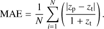 Mathematical equation: ${\rm{MAE}} = {1 \over N}\mathop \sum \limits_{i = 1}^N \left( {{{|{z_{\rm{p}}} - {z_{\rm{t}}}|} \over {1 + {z_{\rm{t}}}}}} \right).$