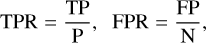 Mathematical equation: ${\rm{TPR}} = {{{\rm{TP}}} \over {\rm{P}}},\quad {\rm{FPR}} = {{{\rm{FP}}} \over {\rm{N}}},$