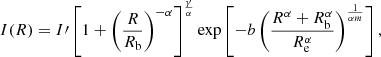 Mathematical equation: $$ \begin{aligned} I(R) = I\prime \left[1+\left(\frac{R}{R_{\mathrm{b} }}\right)^{-\alpha } \right]^{\frac{\gamma }{\alpha }} \exp \left[-b\left(\frac{R^\alpha +R_{\mathrm{b} }^\alpha }{R_{\mathrm{e} }^\alpha }\right)^{\frac{1}{\alpha m}}\right], \end{aligned} $$