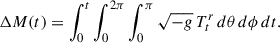 Mathematical equation: $$ \begin{aligned} \Delta M(t) = \int _{0}^{t} \int _{0}^{2\pi } \int _{0}^{\pi } \sqrt{-g} \, T^{r}_{t} \, d\theta \, d\phi \, dt. \end{aligned} $$