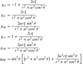 Mathematical equation: $$ \begin{aligned} \begin{aligned} g_{tt}&= -1 + \frac{2r\xi }{r^2 + \alpha ^2 \cos ^2\theta }, \\ g_{tr}&= \frac{2r\xi }{r^2 + \alpha ^2 \cos ^2\theta }, \\ g_{t\phi }&= -\frac{2\alpha r \xi \sin ^2\theta }{r^2 + \alpha ^2 \cos ^2\theta }, \\ g_{rr}&= 1 + \frac{2r\xi }{r^2 + \alpha ^2 \cos ^2\theta }, \\ g_{r\phi }&= -\frac{2\alpha r \xi \sin ^2\theta }{r^2 + \alpha ^2 \cos ^2\theta }, \\ g_{\phi \phi }&= \sin ^2\theta \left[ \bigl (r^2 + \alpha ^2 \cos ^2\theta \bigr ) + \frac{2\alpha ^2 r \xi \sin ^2\theta }{r^2 + \alpha ^2 \cos ^2\theta } \right]. \end{aligned} \end{aligned} $$