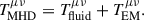 Mathematical equation: $$ \begin{aligned} T_{\mathrm{MHD} }^{\mu \nu }&=T_{\mathrm{fluid} }^{\mu \nu }+T_{\mathrm{EM} }^{\mu \nu }. \end{aligned} $$