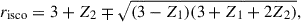 Mathematical equation: $$ \begin{aligned} r_{\mathrm{isco} }&= 3 + Z_2 \mp \sqrt{(3 - Z_1)(3 + Z_1 + 2Z_2)},\end{aligned} $$