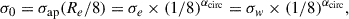 Mathematical equation: $$ \begin{aligned} \sigma _0 = \sigma _{\rm ap}(R_e/8) = \sigma _e \times (1/8)^{\alpha _{\rm circ}} = \sigma _w \times (1/8)^{\alpha _{\rm circ}}, \end{aligned} $$