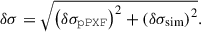 Mathematical equation: $$ \begin{aligned} \delta \sigma = \sqrt{\left(\delta \sigma _\mathtt{pPXF }\right)^2 + \left(\delta \sigma _{\rm sim}\right)^2}. \end{aligned} $$