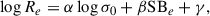 Mathematical equation: $$ \begin{aligned} \log R_e = \alpha \log \sigma _0 + \beta \mathrm{SB} _e + \gamma , \end{aligned} $$