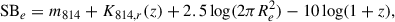 Mathematical equation: $$ \begin{aligned} \mathrm{SB}_e = m_{814} + K_{814,r} (z) + 2.5 \log (2\pi R_e^2) - 10 \log (1+z), \end{aligned} $$