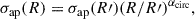 Mathematical equation: $$ \begin{aligned} \sigma _{\rm ap}(R) = \sigma _{\rm ap}(R\prime )(R/R\prime )^{\alpha _{\rm circ}}, \end{aligned} $$