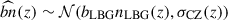 Mathematical equation: $ \widehat{bn}(z) \sim \mathcal{N}(b_{\mathrm{LBG}}n_{\mathrm{LBG}}(z),\sigma_{\mathrm{CZ}}(z)) $