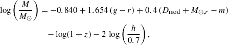 Mathematical equation: $$ \begin{aligned} \log \left(\frac{M}{M_\odot }\right)&= -0.840 + 1.654\,(g-r) + 0.4\,(D_{\mathrm{mod} } + M_{\odot ,r} - m) \\&\quad - \log (1+z) - 2\,\log \left(\frac{h}{0.7}\right), \end{aligned} $$