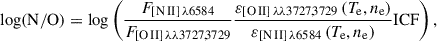 Mathematical equation: $$ \begin{aligned} \log (\mathrm{N/O}) = \log \left(\frac{F_{\rm [N\,II] \,\lambda 6584}}{F_{\rm [O\,II] \,\lambda \lambda 3727,3729}} \frac{\varepsilon _{\rm [O\,II] \,\lambda \lambda 3727,3729}\,(T_{\rm e}, n_{\rm e})}{\varepsilon _{\rm [N\,II] \,\lambda 6584}\,(T_{\rm e}, n_{\rm e})}\mathrm{ICF}\right), \end{aligned} $$