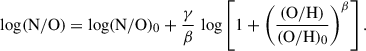 Mathematical equation: $$ \begin{aligned} \log (\mathrm{N/O}) = \log (\mathrm{N/O})_0 + \frac{\gamma }{\beta } \, \log \left[1 + \left(\frac{(\mathrm{O/H})}{(\mathrm{O/H})_0}\right)^\beta \right]. \end{aligned} $$