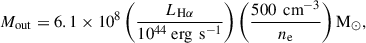 Mathematical equation: $$ \begin{aligned} {M_{\rm {out}}} = 6.1 \times 10^8 \left( \frac{{L_{\rm {H}\alpha }}}{10^{44}\text{ erg} \,\text{ s}^{-1}} \right) \left( \frac{500\,\text{ cm}^{-3}}{{n_{\rm e}}} \right) \mathrm M_\odot , \end{aligned} $$
