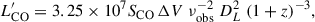 Mathematical equation: $$ \begin{aligned} L^\prime _{\rm CO}= 3.25\times 10^7 S_{\rm CO} \, \Delta V \; \nu ^{-2}_{\rm obs} \; D_L^2 \; (1+z)^{-3}, \end{aligned} $$