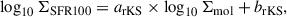Mathematical equation: $$ \begin{aligned} \log _{10}\Sigma _{\rm SFR100}&= a_{\rm rKS} \times \log _{10}\Sigma _{\rm mol} + b_{\rm rKS},\end{aligned} $$