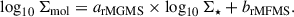 Mathematical equation: $$ \begin{aligned} \log _{10}\Sigma _{\rm mol}&= a_{\rm rMGMS} \times \log _{10}\Sigma _\star + b_{\rm rMFMS}. \end{aligned} $$