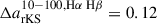 Mathematical equation: $ \Delta a_{\mathrm{rKS}}^{{10{-}100, \mathrm{H}}\alpha \text{ H}\beta}= 0.12 $