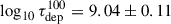 Mathematical equation: $ \log_{10}\tau_{\mathrm{dep}}^{100}= 9.04 \pm 0.11 $