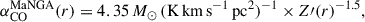 Mathematical equation: $$ \begin{aligned} \alpha _{\rm CO}^\mathrm{MaNGA}(r) = 4.35 \, M_{\odot } \,({\mathrm{K}\,\mathrm{km}\,\mathrm{s}}^{-1}\,{\mathrm{pc}}^{2})^{-1} \times Z\prime (r)^{-1.5}, \end{aligned} $$