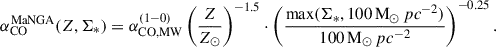 Mathematical equation: $$ \begin{aligned} \alpha _\text{CO}^\mathrm{MaNGA} (Z, \Sigma _*) = \alpha _{\rm CO,MW}^{(1-0)} \left(\frac{Z}{Z_\odot }\right)^{-1.5}\cdot \left(\frac{\max (\Sigma _*, 100\,\mathrm M_\odot \,pc^{-2} )}{100\,\mathrm M_\odot \,pc^{-2} }\right)^{-0.25}. \end{aligned} $$