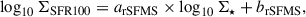 Mathematical equation: $$ \begin{aligned} \log _{10}\Sigma _{\rm SFR100}&= a_{\rm rSFMS} \times \log _{10}\Sigma _\star + b_{\rm rSFMS},\end{aligned} $$