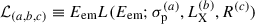 Mathematical equation: $ \mathcal{L}_{(a,b,c)} \equiv E_{\mathrm{em}}L(E_\mathrm{{em}}; \sigma_{\mathrm{p}}^{(a)}, L^{(b)}_{\mathrm{X}}, R^{(c)}) $