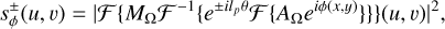 Mathematical equation: $s_\varphi ^ \mp \left( {u,v} \right) = {\left| {{\cal F}\left\{ {{M_\Omega }{{\cal F}^{ - 1}}\left\{ {{e^{ \pm i{l_p}\theta }}{\cal F}\left\{ {{A_\Omega }{e^{i\phi \left( {x,y} \right)}}} \right\}} \right\}} \right\}\left( {u,v} \right)} \right|^2},$