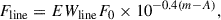Mathematical equation: $$ \begin{aligned} F_{\mathrm{line} } = EW_{\mathrm{line} } F_{0} \times 10^{-0.4 (m-A)}, \end{aligned} $$
