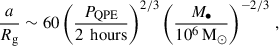 Mathematical equation: $$ \begin{aligned} \frac{a}{R_{\rm g}}\sim 60 \left(\frac{P_{\rm QPE}}{2\,\text{ hours}} \right)^{2/3} \left(\frac{M_{\bullet }}{10^6\,\mathrm{M}_{\odot }} \right)^{-2/3}\,, \end{aligned} $$