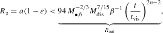 Mathematical equation: $$ \begin{aligned} R_\text{p} = a(1 - e) < \underbrace{94\,M_{\bullet ,6}^{-2/3} M_\text{dis}^{7/15} \beta ^{-1} \left(\frac{t}{t_\text{vis}}\right)^{2n-2}}_{R_\text{out}}, \end{aligned} $$