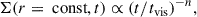 Mathematical equation: $$ \begin{aligned} \Sigma (r=\text{ const},t) \propto (t/t_\text{vis})^{-n}, \end{aligned} $$