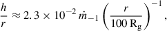 Mathematical equation: $$ \begin{aligned} \frac{h}{r} \approx 2.3 \times 10^{-2}\, \dot{m}_{-1} \left(\frac{r}{100\,\mathrm{R}_\text{g}} \right)^{-1}, \end{aligned} $$