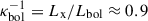 Mathematical equation: $ \kappa_{\mathrm{bol}}^{-1} = L_{\mathrm{x}}/L_{\mathrm{bol}} \approx 0.9 $