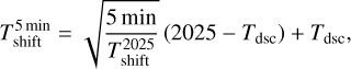 Mathematical equation: T_\mathrm{shift}^{\mathrm{5\,min}} = \sqrt{ \frac{5 \, {\rm min}}{T_\mathrm{shift}^\mathrm{2025}}}\left( 2025 - T_\mathrm{dsc} \right) + T_\mathrm{dsc} ,