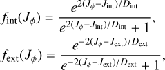 Mathematical equation: $\[\begin{aligned}& f_{\mathrm{int}}\left(J_\phi\right)=\frac{e^{2\left(J_\phi-J_{\mathrm{int}}\right) / D_{\mathrm{int}}}}{e^{2\left(J_\phi-J_{\mathrm{int}}\right) / D_{\mathrm{int}}}+1}, \\& f_{\mathrm{ext}}\left(J_\phi\right)=\frac{e^{-2\left(J_\phi-J_{\mathrm{ext}}\right) / D_{\mathrm{ext}}}}{e^{-2\left(J_\phi-J_{\mathrm{ext}}\right) / D_{\mathrm{ext}}}+1},\end{aligned}\]$