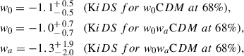 Mathematical equation: $$ \begin{aligned} \begin{split}&w_0 =-1.1^{+\,0.5}_{-\,0.5} \quad (\mathrm KiDS\; for\; w_0\mathrm CDM\;at \;68\%),\\&w_0 = -1.0^{+\,0.7}_{-\,0.7} \quad (\mathrm KiDS\; for\; w_0w_a\mathrm CDM\;at \;68\%),\\&w_a = -1.3^{+\,1.9}_{-\,2.0} \quad (\mathrm KiDS\; for\; w_0w_a\mathrm CDM\;at \;68\%), \end{split} \end{aligned} $$