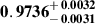 Mathematical equation: $ \mathbf{0.9736^{\mathstrut+\,0.0032}_{\mathstrut-\,0.0031}} $